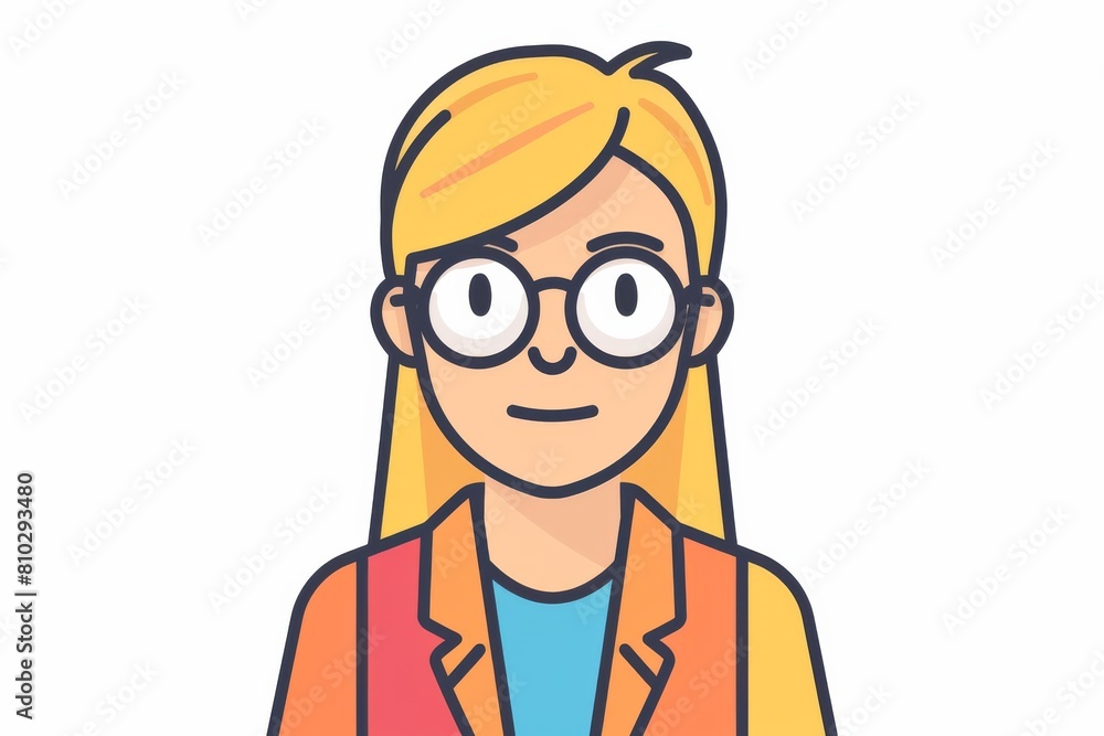 Professional and confident young woman with blonde hair, round glasses, and a stylish orange blazer illustrated in this image Professional and confident young woman with blonde hair, round glasses, and a stylish orange blazer illustrated in this image