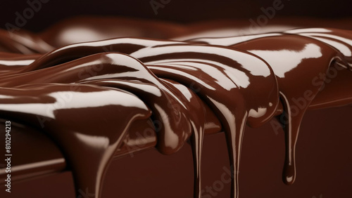 A delectable close-up of molten chocolate slowly dripping and flowing over a rich, dark brown background AI generated