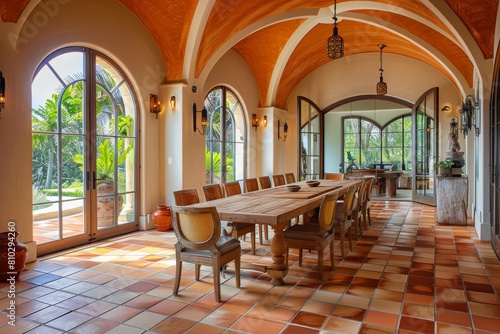 Expansive dining area with terracotta tiles  arches  wooden table  hanging lanterns  and panoramic garden views