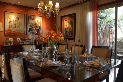 Luxurious dining room showcasing a polished table, fine china, sophisticated paintings, and rich decor, illuminated by natural and ambient light