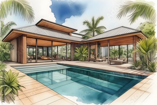 Modern Far North Queensland home  sleek design  large pool  lush garden. Open spaces  clean lines  natural light  sustainable.
