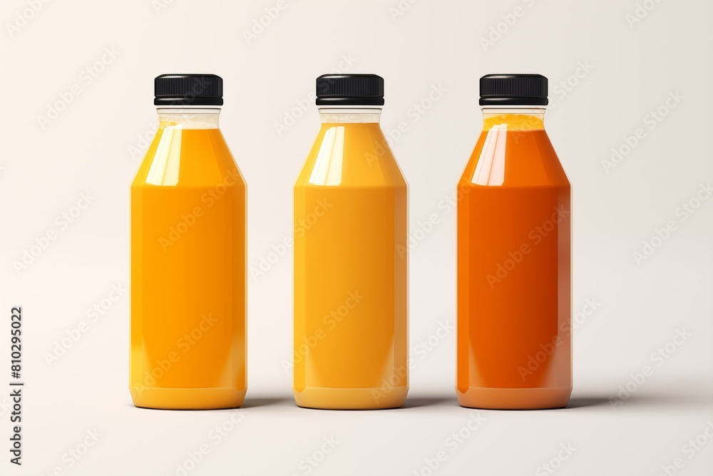 Three orange juice bottles on white background. Three orange juice bottles on white background.