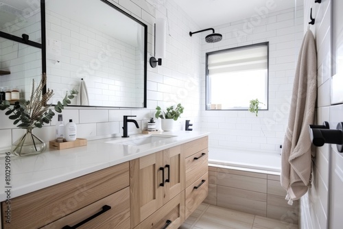 Fresh and elegant bathroom design with white subway tiles, wooden vanity, rain showerhead, and green plants for a touch of nature