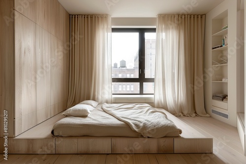 Minimalist and cozy bedroom with a low bed, wooden floors, beige curtains, and a sunny city view from large windows © ChaoticMind