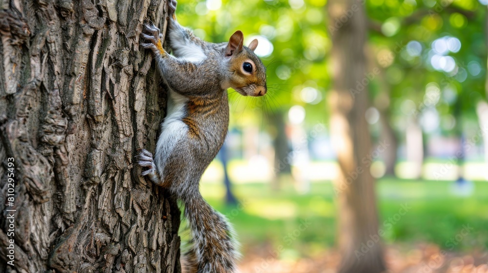Beautiful squirrel on a tree in a forest park in the summer 