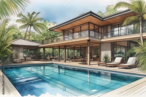 Wallpaper Mural Modern Far North Queensland home, sleek design, large pool, lush garden. Open spaces, clean lines, natural light, sustainable. Torontodigital.ca