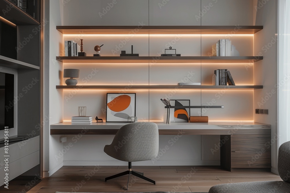 Cozy and stylish home office interior with elegant furniture, illuminated by soft, warm led lights, creating a comfortable workspace atmosphere Cozy and stylish home office interior with elegant furniture, illuminated by soft, warm led lights, creating a comfortable workspace atmosphere