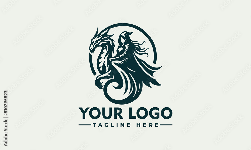 woman cloak riding dragon vector logo depicts a brave woman in a cloak riding a graceful dragon wing