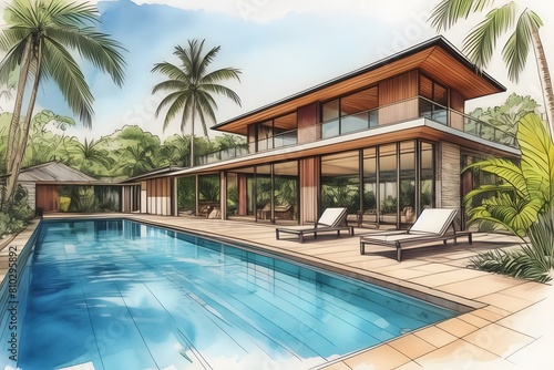 Wallpaper Mural Modern Far North Queensland home, sleek design, large pool, lush garden. Open spaces, clean lines, natural light, sustainable. Torontodigital.ca