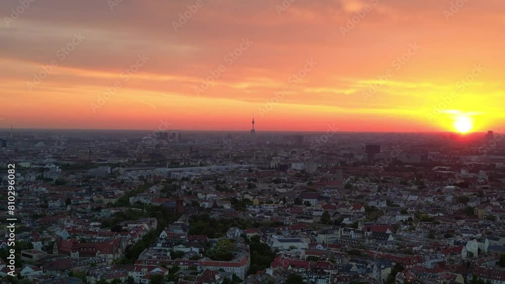 awakening city Berlin Tower orange sky sunrise Majestic aerial view flight drone awakening city Berlin Tower orange sky sunrise Majestic aerial view flight drone