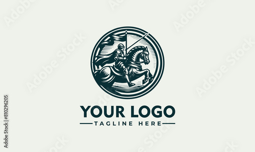 knight raiding horse vector logo Engraving with a knight, on a steely horse vector logo template 