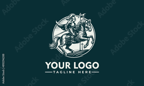 knight raiding horse vector logo Engraving with a knight, on a steely horse vector logo template 