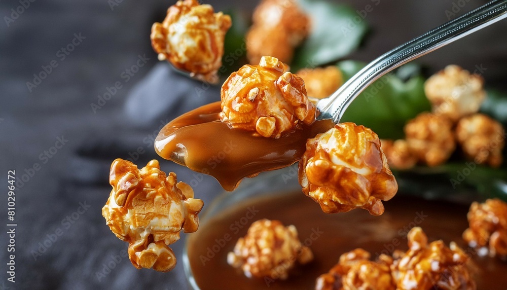 Visually striking shot of caramel popcorn caught in mid-air, symbolizing fun and lightness Visually striking shot of caramel popcorn caught in mid-air, symbolizing fun and lightness