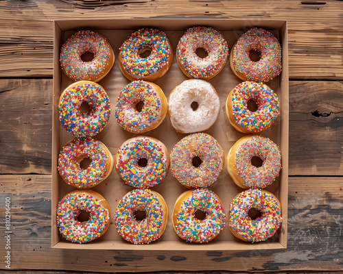 A box full of sprinkles donuts on a rustic wooden table. Overhead Shot. 