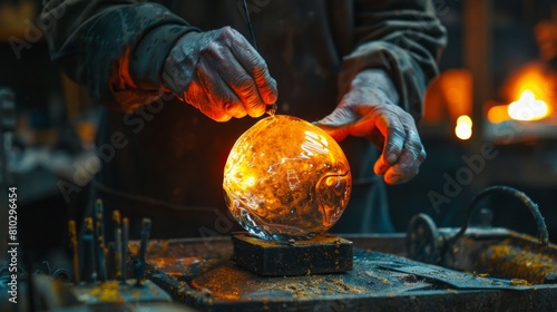 Glassblower makes vase of glass in a manufactory. Crucible furnace.