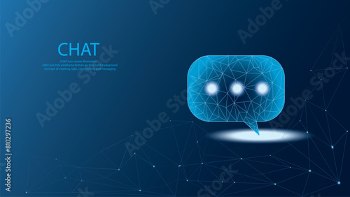 3d illustration of low poly wireframe chat icon on blue light background. Vector polygonal theme of information exchange and social networks in modern style.