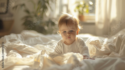 Wallpaper Mural Baby Sitting on Bed Covered in White Sheets Torontodigital.ca