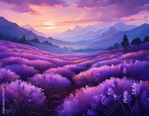 A serene digital illustration of a lavender field bathed in the soft, purplish glow of twilight, evoking calm and tranquility