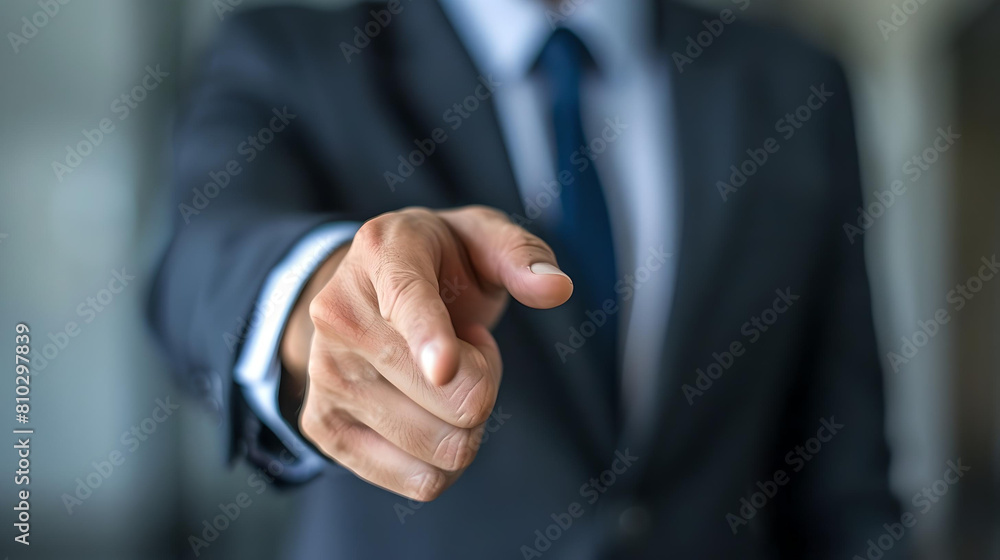 Close-up of a businessman in suit pointing directly at the camera with focus on hand.
