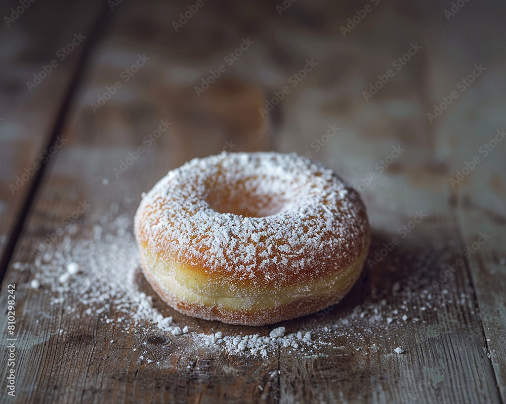 Powdered sugar donut placed on a rustic wooden table. Close-up Shot. Powdered sugar donut placed on a rustic wooden table. Close-up Shot.