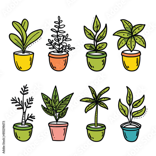 Handdrawn colorful potted plants, collection different species cartoon botanical decor. Houseplants assorted pots, indoor greenery, home decoration elements. Vibrant doodle style flora
