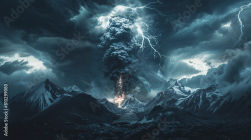 A dramatic volcanic eruption with a towering ash plume, amidst a stormy sky with lightning, set against a backdrop of snow-capped mountains. photo