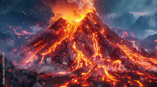 A dramatic volcanic eruption with fiery lava flows  ash plumes  and a glowing crater against a backdrop of a dark  cloudy sky and mountainous terrain.