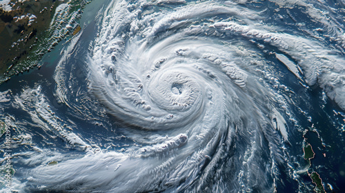 A satellite image showing a large, well-defined cyclone with swirling clouds over the ocean, indicative of a powerful meteorological event. photo