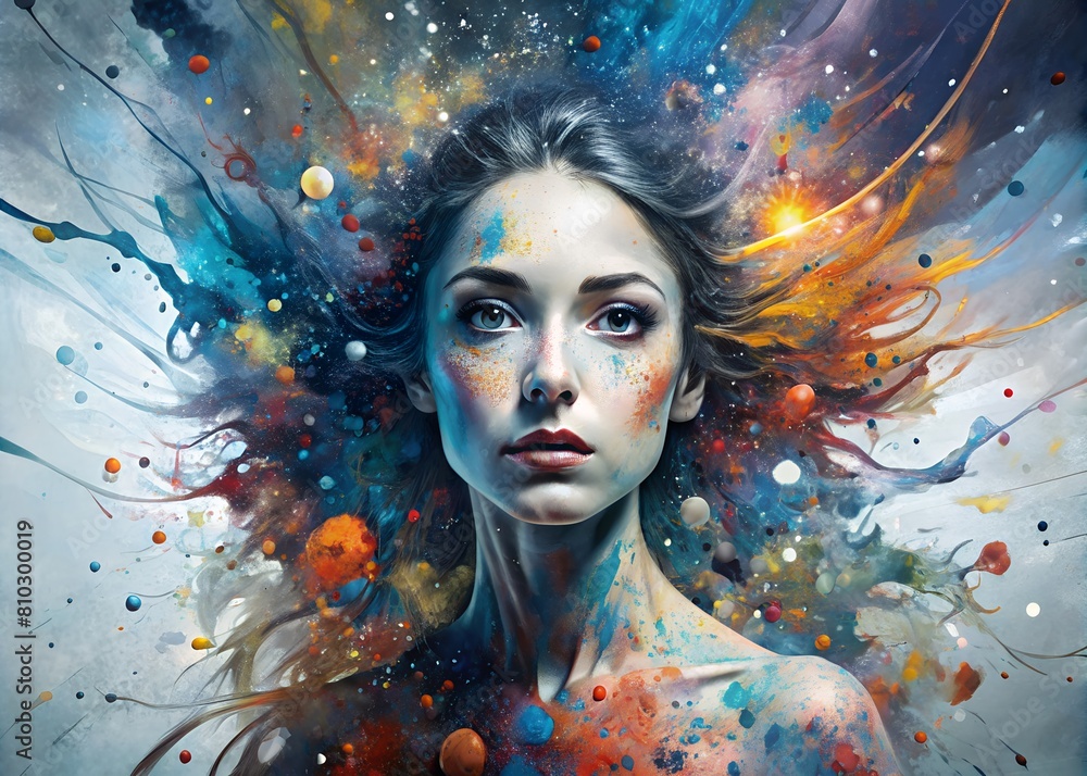 Digital art depicting a woman with a surreal explosion of colorful paint and abstract elements Digital art depicting a woman with a surreal explosion of colorful paint and abstract elements