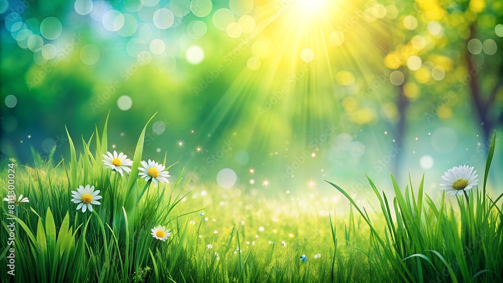 Fototapeta premium Sunbeams pierce through lush greenery, illuminating a vibrant meadow sprinkled with daisies and fairy dust
