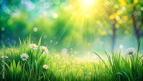Sunbeams pierce through lush greenery, illuminating a vibrant meadow sprinkled with daisies and fairy dust