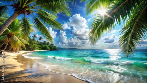 Crystal clear waters kiss the white sands of a secluded beach  flanked by the lush greenery of towering palm trees
