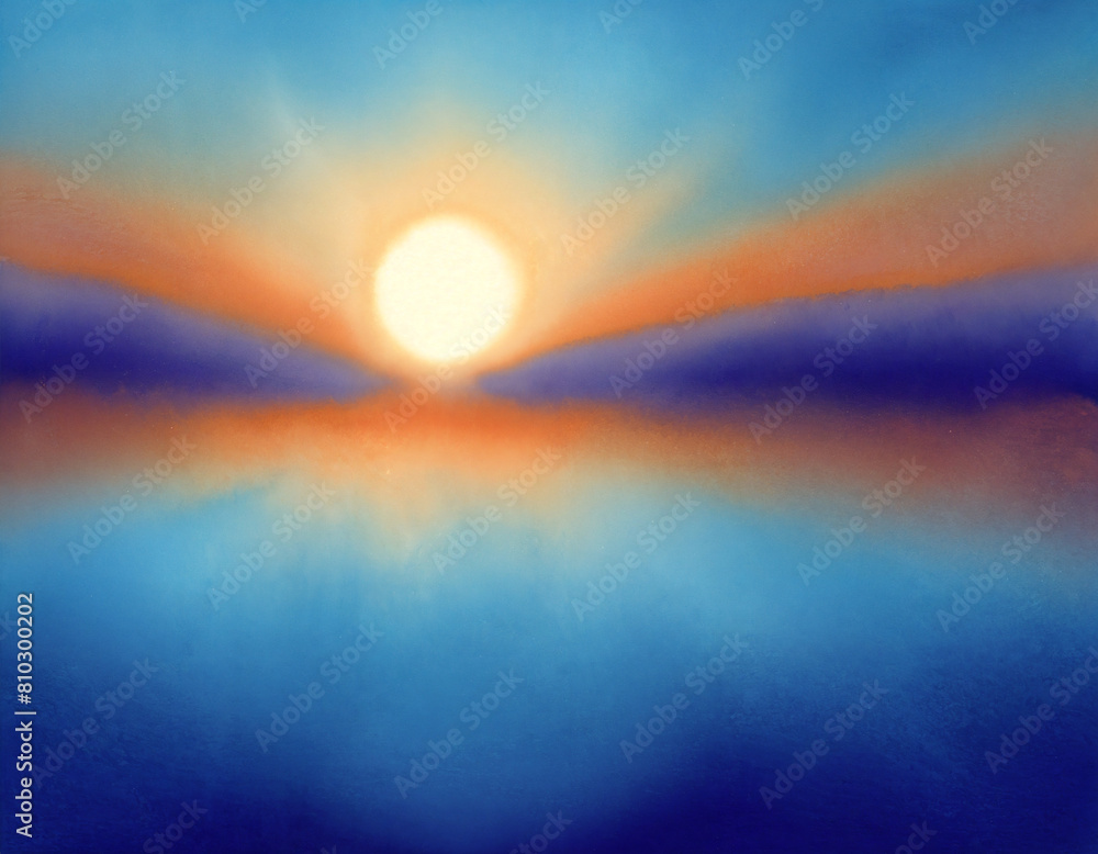 Sunset illustration, high resolution watercolour wash on white thick cold press watercolour paper, soft background backdrop design, natural flow. Peaceful landscape artwork.