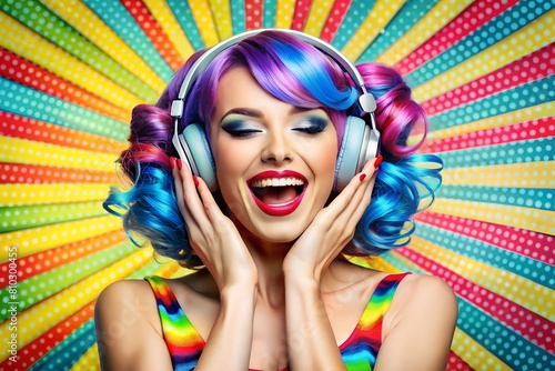Excited woman with rainbow hair enjoys music through headphones against a pop art background