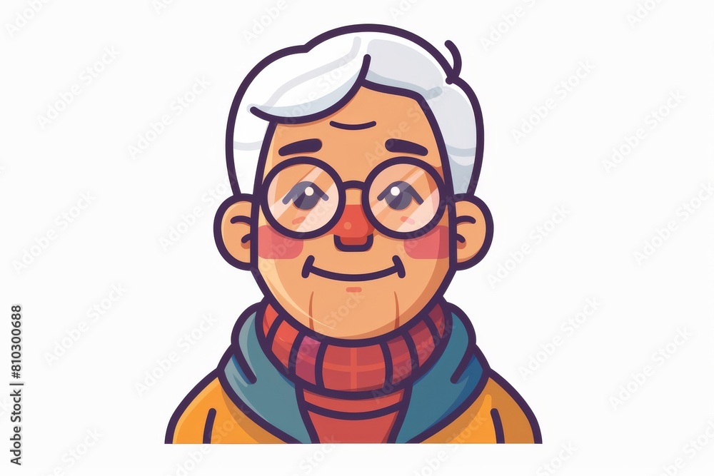 Vibrant illustration of a friendly elderly person with glasses, radiating warmth and charm with a bright smile