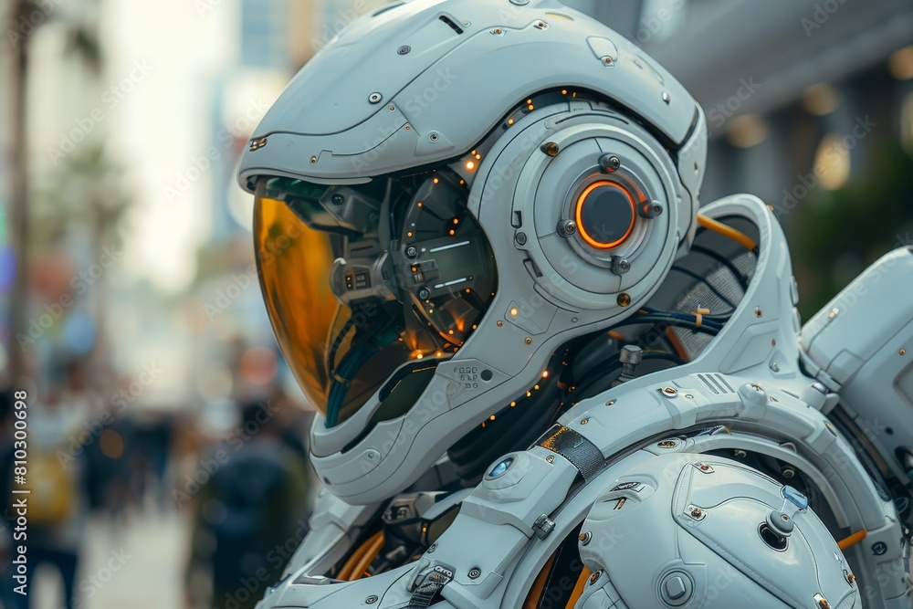 Fototapeta premium Close-up of a futuristic robot's head, showcasing sophisticated design and advanced technology in a modern world