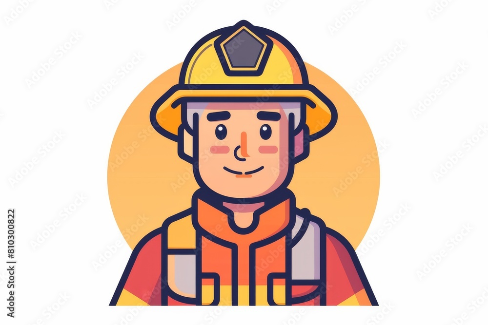Colorful vector illustration of a smiling firefighter with a professional helmet against a warm, circular backdrop signaling safety and trust