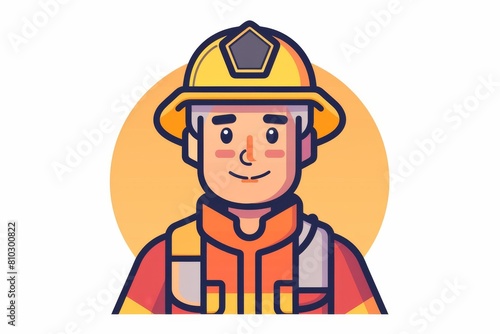 Colorful vector illustration of a smiling firefighter with a professional helmet against a warm, circular backdrop signaling safety and trust photo