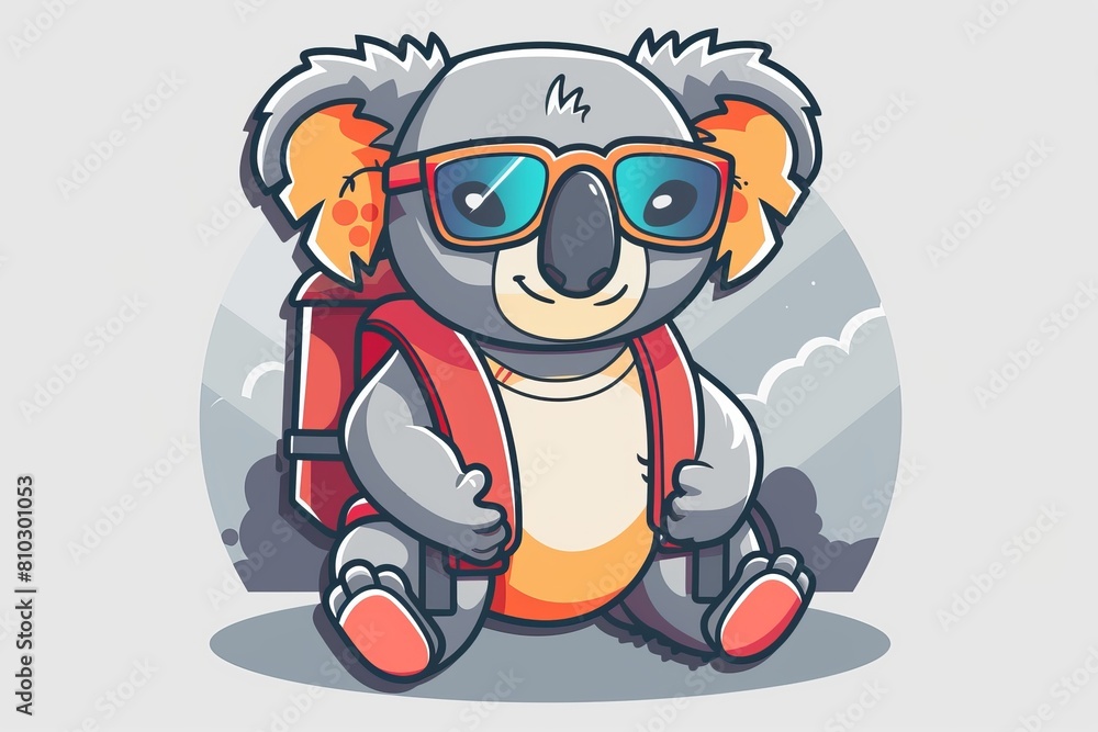 Energetic cartoon koala with sunglasses and backpack, ready for an outdoor adventure against a stylized backdrop with clouds Energetic cartoon koala with sunglasses and backpack, ready for an outdoor adventure against a stylized backdrop with clouds