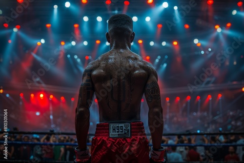 A muscular boxer with tattoos stands ready in the ring, back facing the camera, amidst the electrifying ambiance of an arena