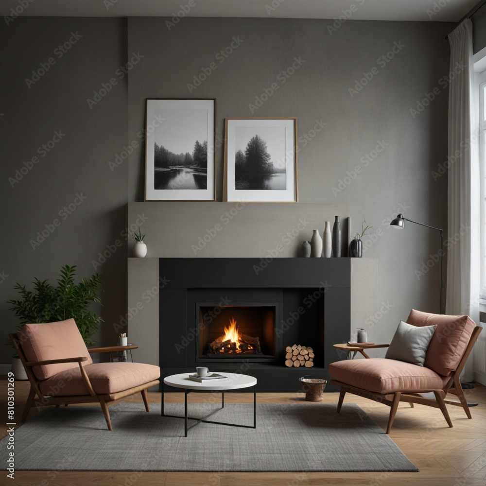 Scandinavian interior design of modern living room, home with fireplace and big poster frame Scandinavian interior design of modern living room, home with fireplace and big poster frame