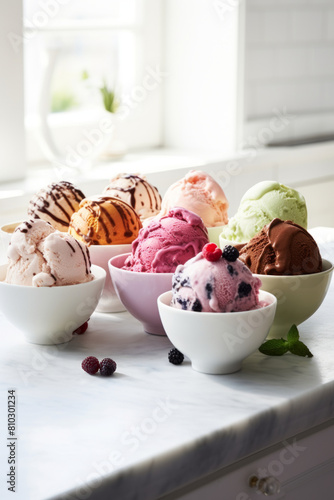 Variety of ice cream flavors in bowls on a countertop in white kitchen