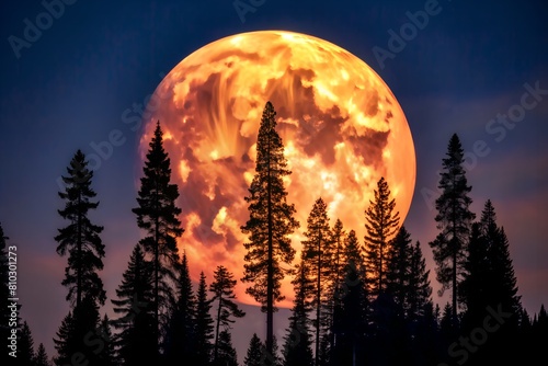 The image showcases a dramatic supermoon rising above a silhouette of pine trees, casting a warm glow over the scene photo