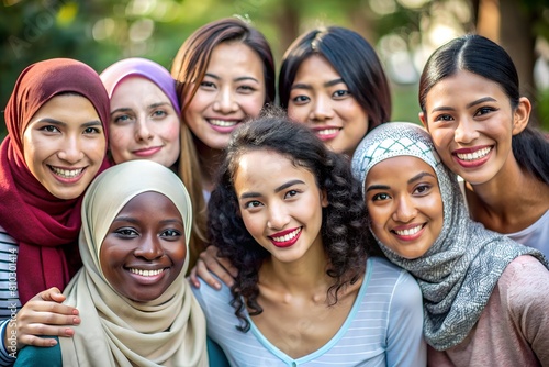 A heartwarming portrait of a diverse group of women embracing and smiling at the camera