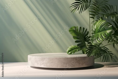 Abstract rock podium pedestal mockup with tropical green leaves shadow, copy space for product photography © fahrwasser