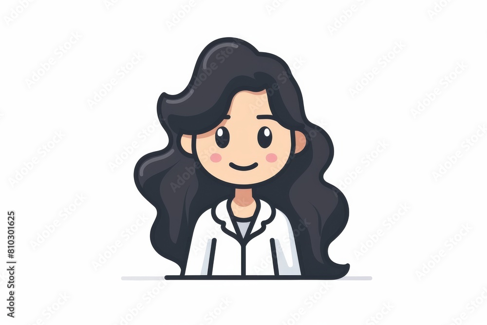 Colorful cartoon illustration of a happy, young woman with flowing black hair and a white shirt, perfect for diverse visual content