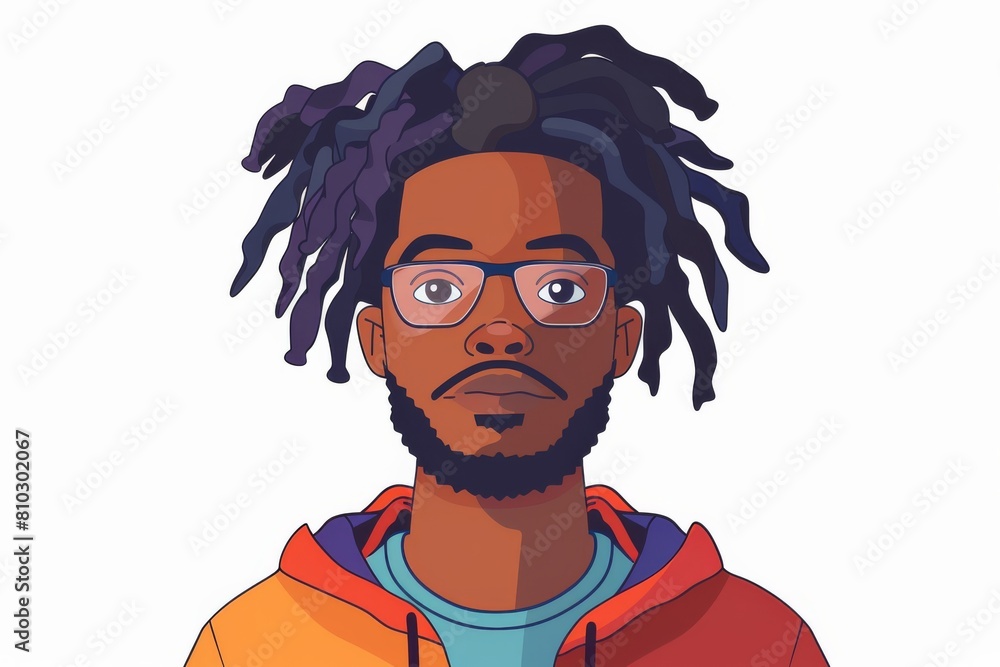 Vivid vector illustration of a young man with dreadlocks in glasses and a stylish, colorful hoodie on a simple backdrop Vivid vector illustration of a young man with dreadlocks in glasses and a stylish, colorful hoodie on a simple backdrop