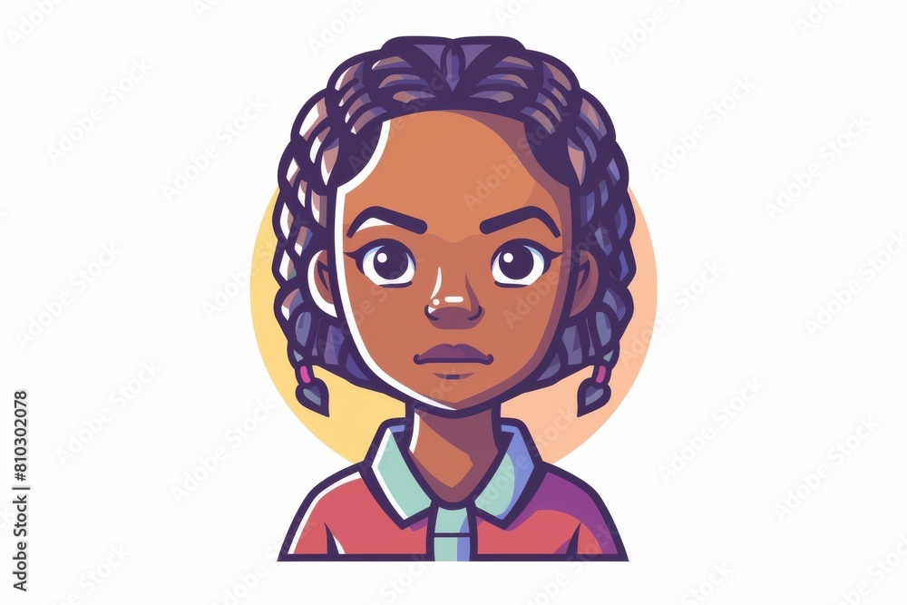 Digital illustration of a young woman with detailed braided hair, expressive eyes, and a colorful striped shirt Digital illustration of a young woman with detailed braided hair, expressive eyes, and a colorful striped shirt