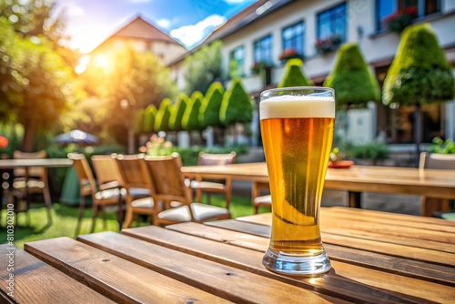 A refreshing glass of beer sits on a wooden table outside, with chairs and greenery in the background