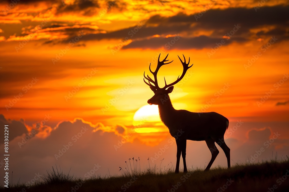 A majestic solitary deer silhouetted against the warm glow of a sunset sky, embodying peace and freedom in nature A majestic solitary deer silhouetted against the warm glow of a sunset sky, embodying peace and freedom in nature